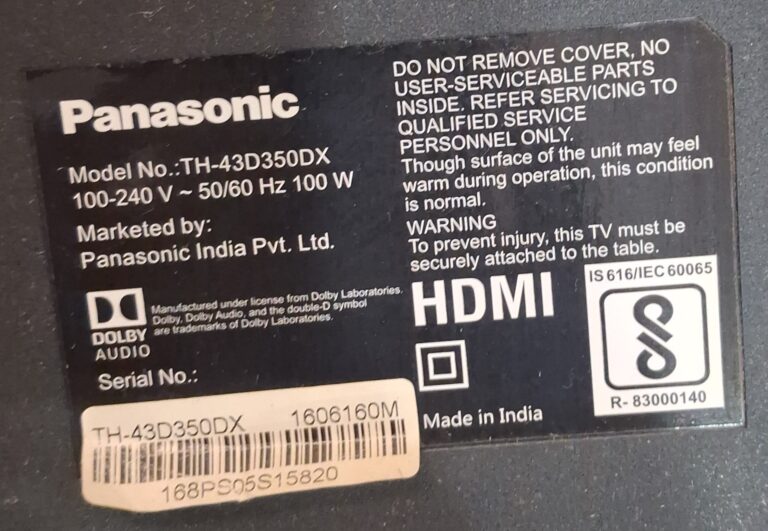 Panasonic TH-43D350DX LED TV model number sticker